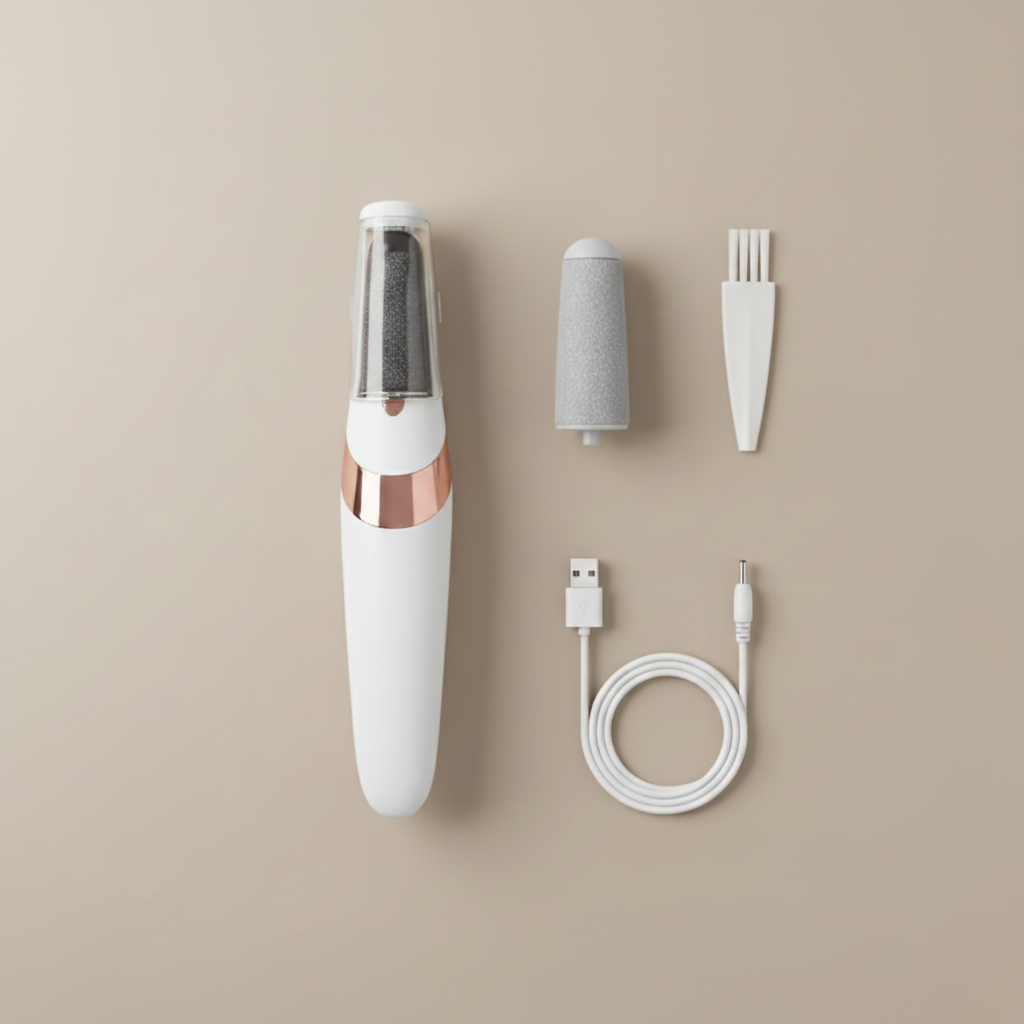White Electric Foot Grinder – Accessories Flat Lay